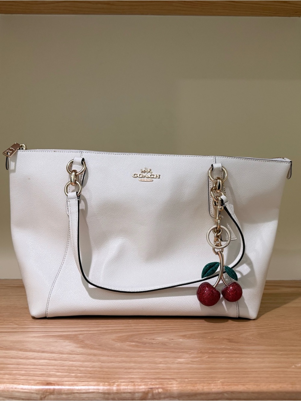Coach White Leather Ava Tote with Cherry Charm